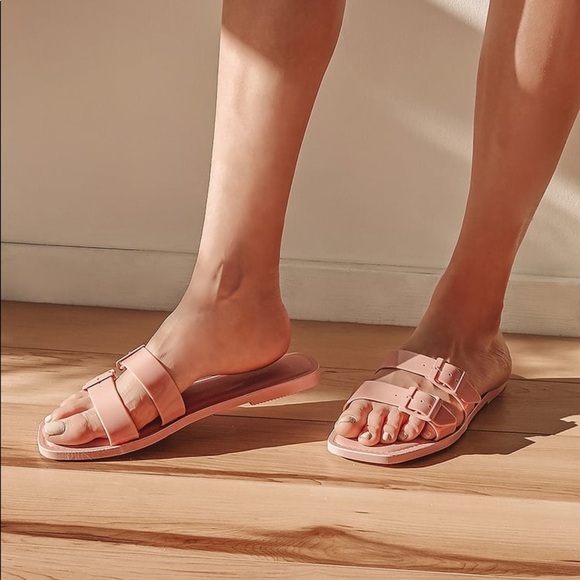 Blush Pink Patent Buckled Slide Sandals - Picture 2 of 4